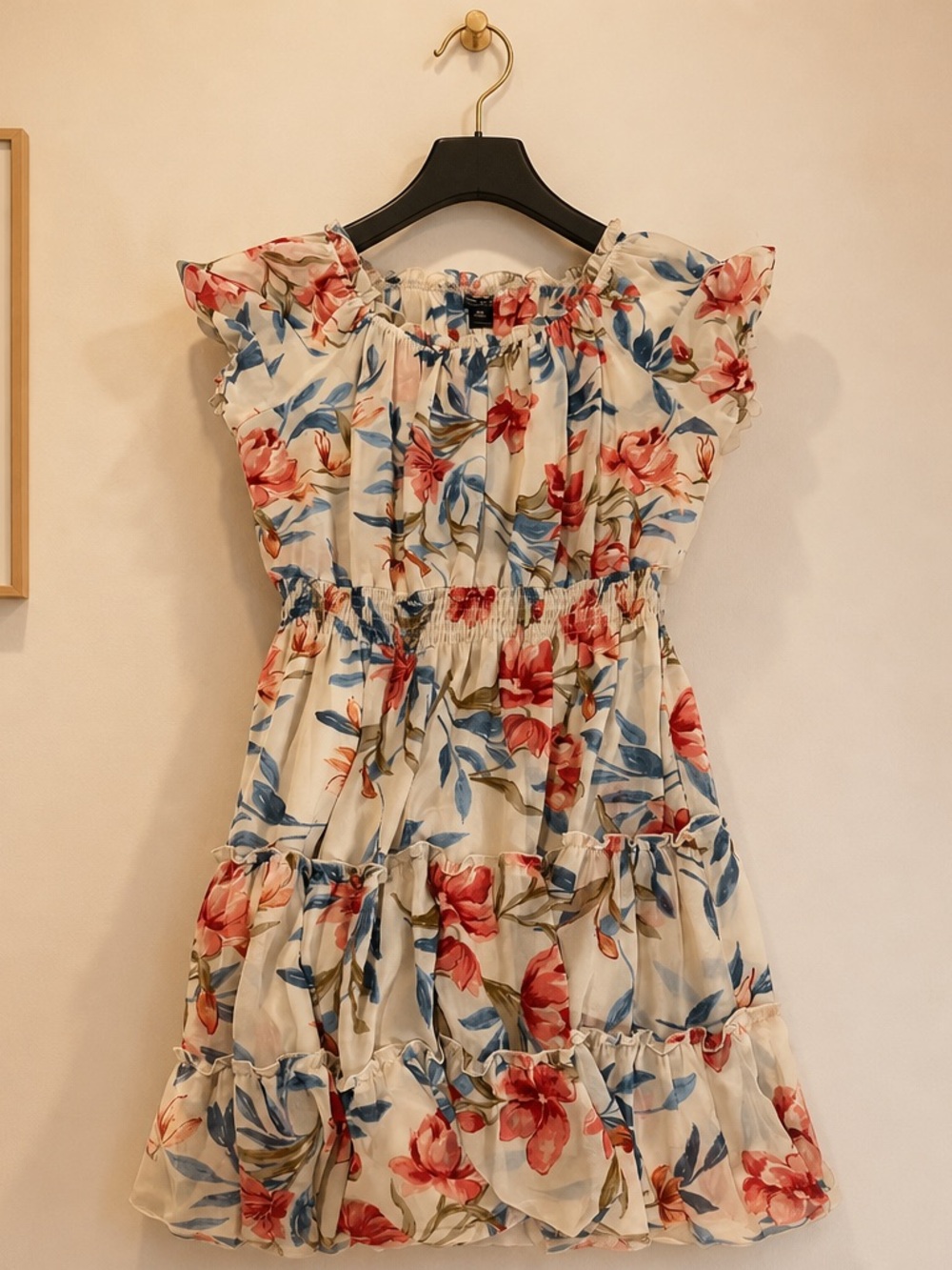 Kate and Lily Petite Floral Dress - Cream Base with Pink & Blue Blooms